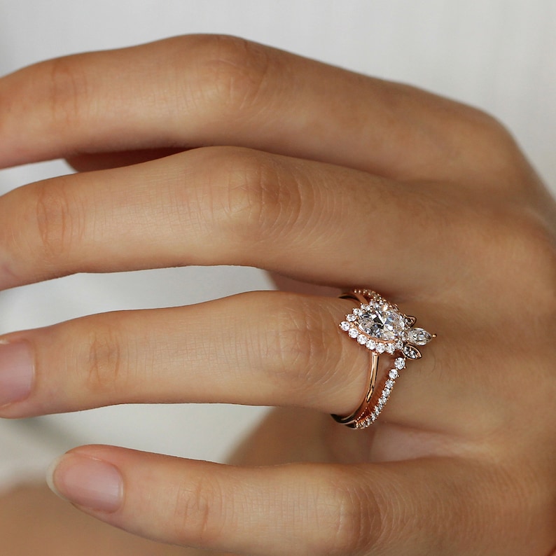 1.24 Cttw Pear Halo Engagement Ring W/ Tiara Wedding Band Ring Etsy