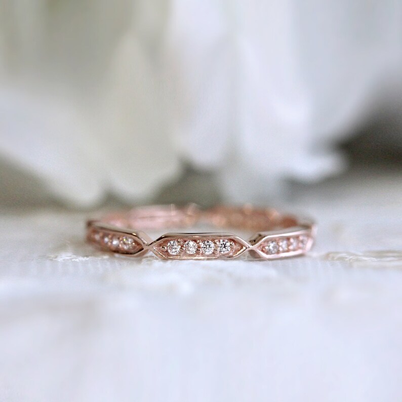 Full Diamond Eternity Ring Dainty Stackable Ring Brilliant Cut Pave Stone Wedding Ring Unique Art Deco Band Ring BR3016 ROSE GOLD