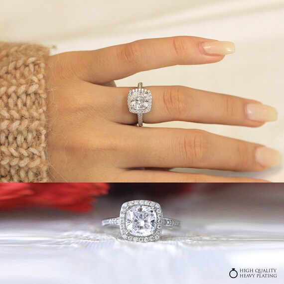 Dainty Halo Engagement Ring Cushion Cut Diamond Simulant Etsy