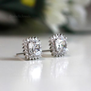 Cushion Cut Halo Stud Earrings - Dainty Bridesmaid Wedding Earrings - Minimalist Crystal Studs - Gift for Her [BE4981]