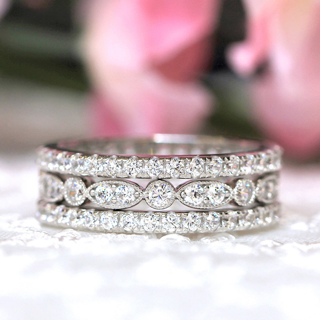 Stackable Bridal Ring Set - Milgrain Art Deco Pave Set Eternity Rings ...