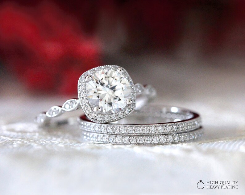 65360-3M 2.95 cttw Milgrain Art Deco Bridal Set-Brilliant Cut Halo Engagement Ring w Two All Half Eternity Bands