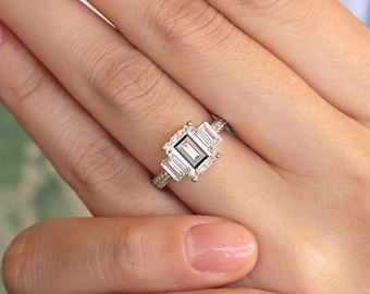 Emerald Cut Diamond Engagement Ring - Three Stone Ring - Silver Statement Ring - Anniversary Gift for Her - CZ Promise Ring [BR9711]