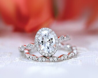 Oval Art Deco Bridal Ring Set - Oval Cut Diamond Halo Engagement Ring Set - Dainty Matching Wedding Ring - CZ Diamond Ring [BR5953-2]