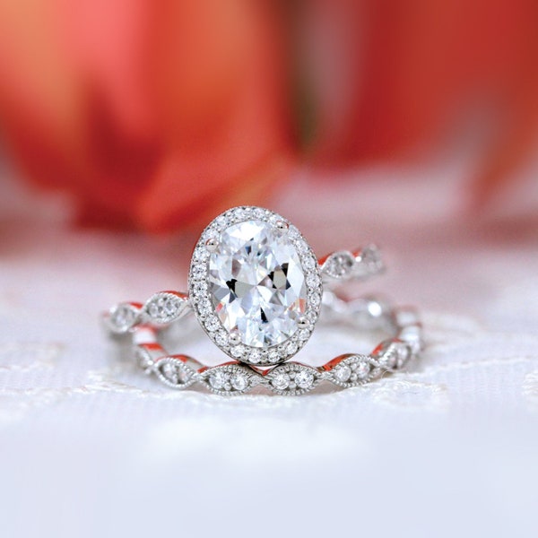 Oval Art Deco Bridal Ring Set - Oval Cut Diamond Halo Engagement Ring Set - Dainty Matching Wedding Ring - CZ Diamond Ring [BR5953-2]