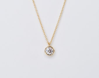 3.0mm or 4.0mm Minimalist Bezel Necklace - Round Cut Diamond Necklace - Bezel Necklace - Bridesmaid Necklace - Dainty Necklace [BN5755]