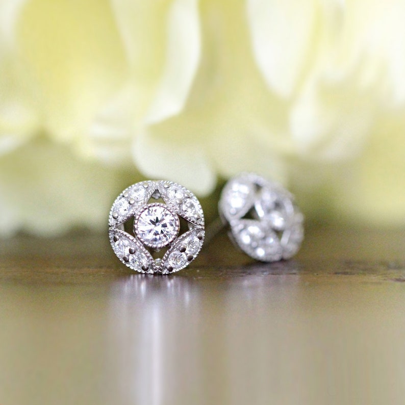 Vintage Milgrain Art Deco Stud Earrings Brilliant Cut Diamond Etsy