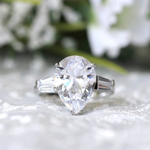 Unique Three Stone Engagement Ring - Pear Cut, Tapered Baguette CZ Diamond Ring - Unique Jewelry for Her - Gift for Her [BR4313]