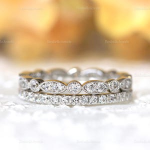 Milgrain Art Deco & Pave Eternity Ring Set - Stackable Pave Round Eternity Rings - Vintage Double Ring Band Set [BR7954E-2]