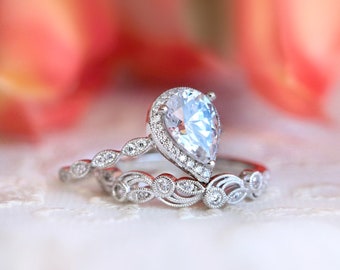 Pear Halo Art Deco Bridal Set Ring - Vintage Nature Style Halo Engagement Ring Set - Dainty Bridal Jewelry Set - Gift for Her [BR6253-2L]