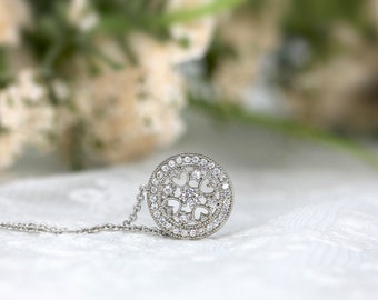 Love Filigree Art Deco Necklace - Milgrain Diamond Halo Necklace - Bridesmaid Silver Dainty Necklace - CZ Diamond Necklace [BN7408]