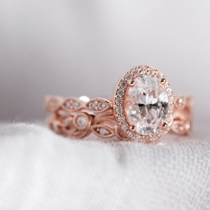 Oval Art Deco Bridal Ring Set Oval Halo Diamond Engagement Ring Vintage Vine Band Stacking Set Valentine Gift for Her BR5953-2L image 4