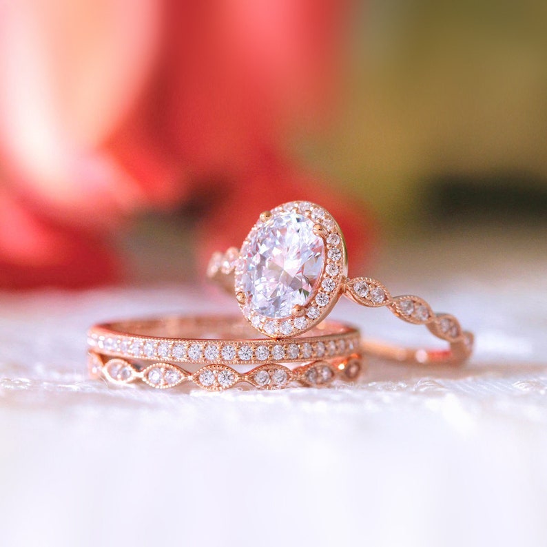 Oval Diamond Engagement Ring Set Dainty Art Deco Bridal Set Gift for Her Three Ring Diamond CZ Proposal Set BR5953-3MX image 5
