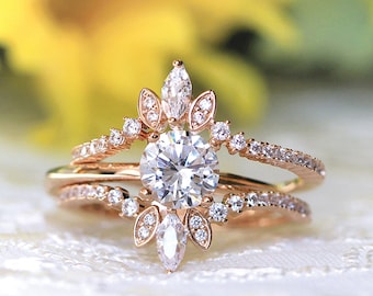 Tiara Bridal Ring Set - Dainty Wedding Jewelry Set - Brilliant Solitaire Three Piece Engagement Ring - Promise Ring for Her [BR3313-3T]