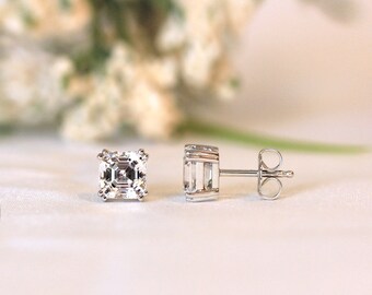 Asscher Cut Diamond Stud Earrings - Diamond Solitaire Studs - Gift for Her - Minimalist Studs - Dainty Bridal Earrings [BE0882]