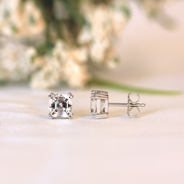 Asscher Cut Diamond Stud Earrings - Diamond Solitaire Studs - Gift for Her - Minimalist Studs - Dainty Bridal Earrings [BE0882]