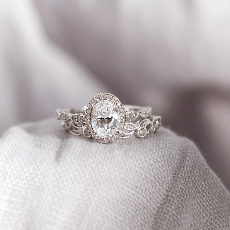 Signature Oval Art Deco Bridal Ring Set by Besbelle Oval Etsy