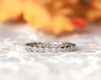 Vintage Hexagon Shaped Milgrain Eternity Ring - Brilliant Cut Diamond Ring - Minimalist Ring - Hexagon Shaped Wedding Band [BR6016]