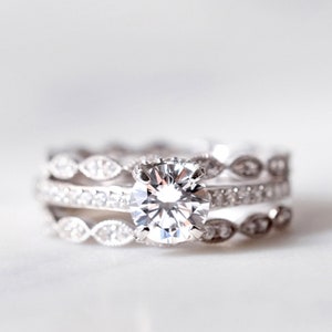 Minimalist Art Deco Ring Stacking Set - Dainty Three Piece Bridal Set - Round Solitaire Ring Set - Round Solitaire Wedding Set [BR8551-3A]