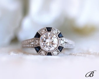 2.0 cttw Art Deco Blue Sapphire Halo Engagement Ring Split Shank Engagement Ring Brilliant Cut Diamond Simulant Bridal Ring [BR6853SP]