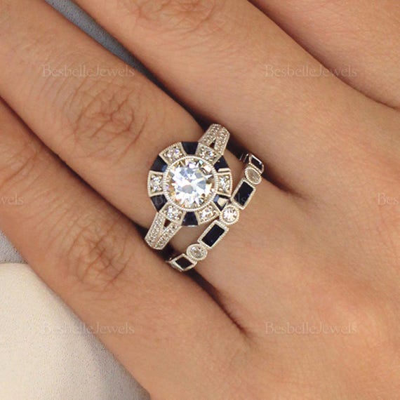 Blue Art Deco Halo Bridal Set - Fancy Brilliant & Baguette Cut Ring Set - Vintage Blue Halo Bridal Ring Set - Elegant Wedding Set (6853-2R)