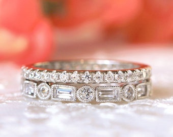 Mix Match Eternity Band Set - Brilliant & Baguette Stacking Ring Set - Gift for Her - Art Deco Stackable Band Ring Set (5916-2R)