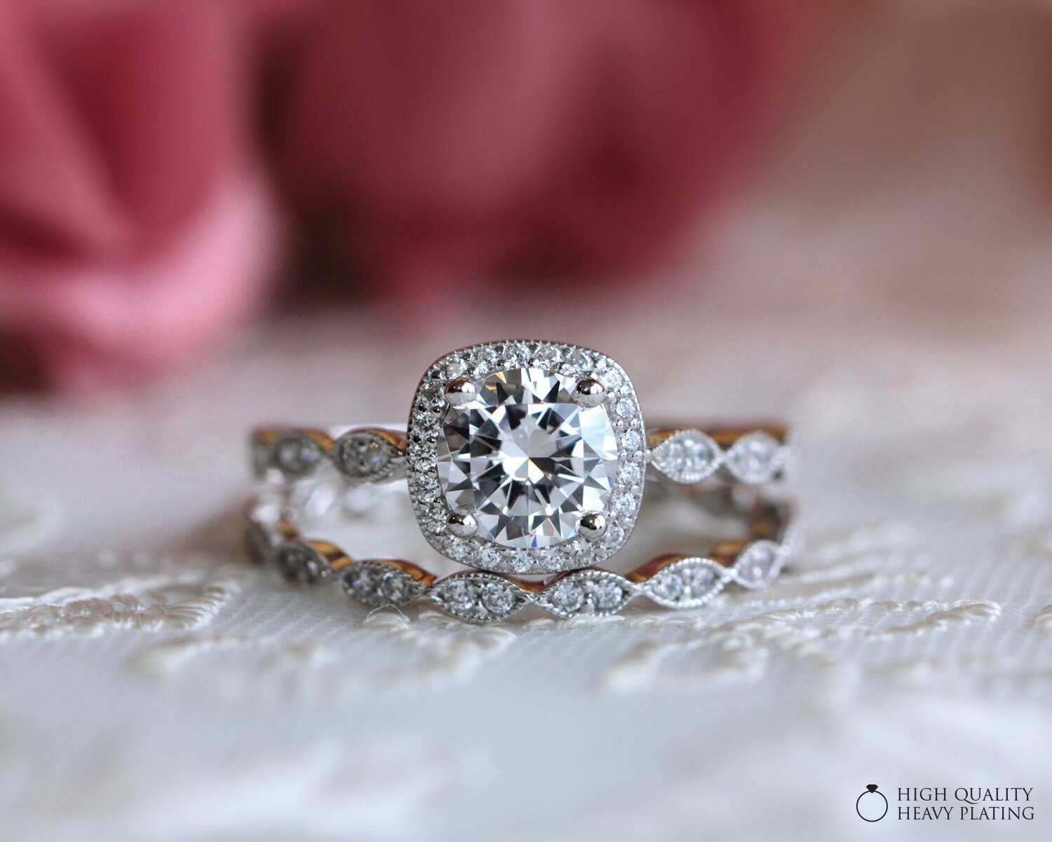 1.67 cttw Art Deco Bridal Ring Set6.0mm Center StoneHalo Etsy