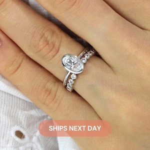 Oval Bezel Solitaire Ring Set / Oval Cut Engagement Ring w/ Bezel Band Ring / Lab Created CZ / Stackable Dainty Bold Ring Set / 8454-2B