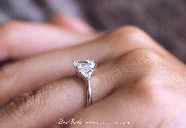 1.66 cttw \u2022 Three Stone Engagement Ring \u2022 Emerald /& Trillion Cut Diamond Simulant \u2022 Bridal Ring \u2022 Wedding Ring 8420ES