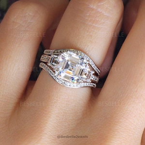Asscher Curve Bröllopsset med tre ringar - Art Deco-smyckeset - Unikt förlovningsringsset - Silverringsset - Gåvor (6917-3CR)
