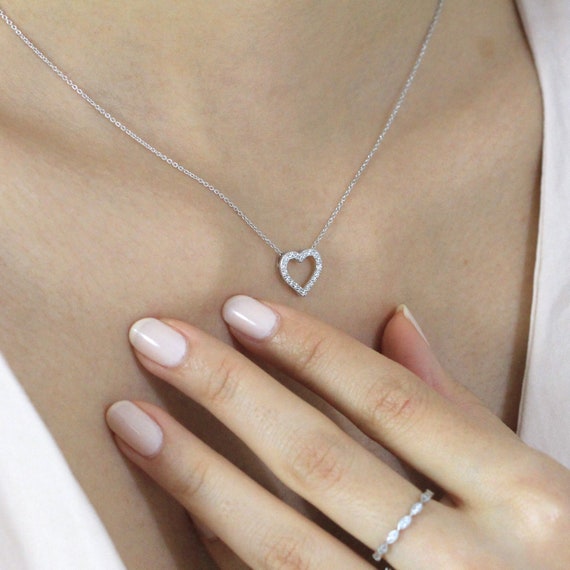 Pavé Set Diamond Heart Necklace - Valentine's Gift - Heart Pavé Necklace -  Minimalist Open Heart Diamond Necklace - Dainty Necklace [BN7952]