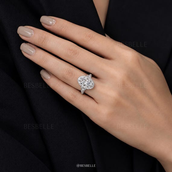 4.2ct Oval Engagement Ring, 12x6mm Diamond Simulant, Half Moon Halo, Sterling Silver, Vintage Art Deco Bridal Jewelry Gift (8819R)