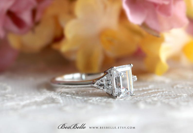 1.66 cttw \u2022 Three Stone Engagement Ring \u2022 Emerald /& Trillion Cut Diamond Simulant \u2022 Bridal Ring \u2022 Wedding Ring 8420ES
