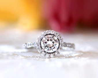 Bague de fiançailles halo art déco style floral - Bague diamant taille brillant - Bague fleur minimaliste - Bague diamant CZ - Cadeau pour elle [BR2354]