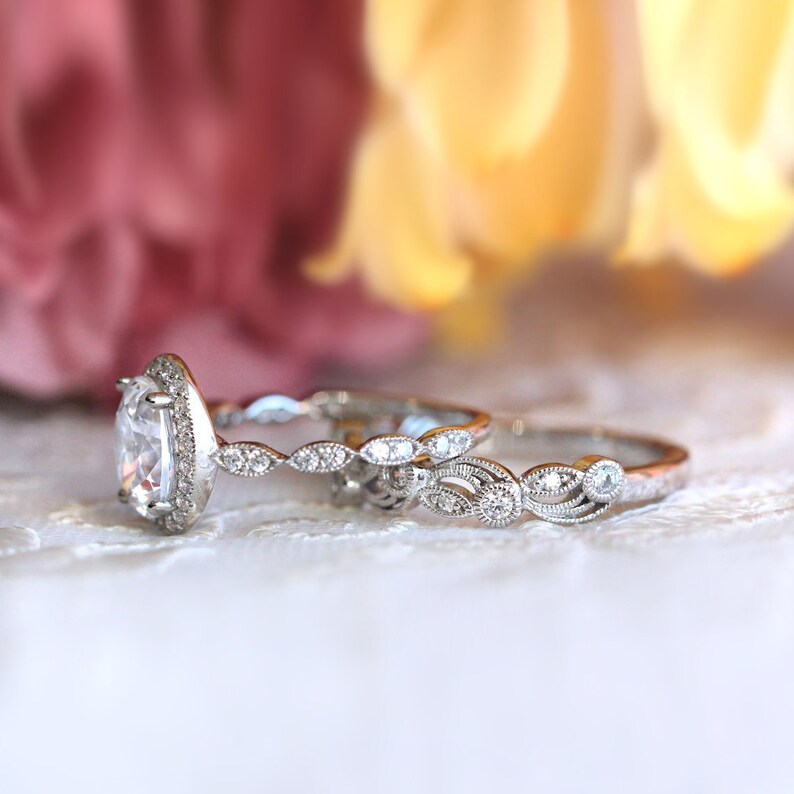 2.20 Cttw Art Deco Bridal Set Ring Oval Halo Engagement Ring Etsy