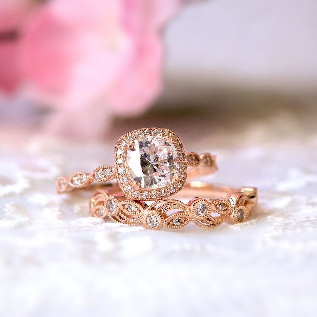Cushion Cut Bridal Ring Set Cushion Halo Engagement Ring Etsy