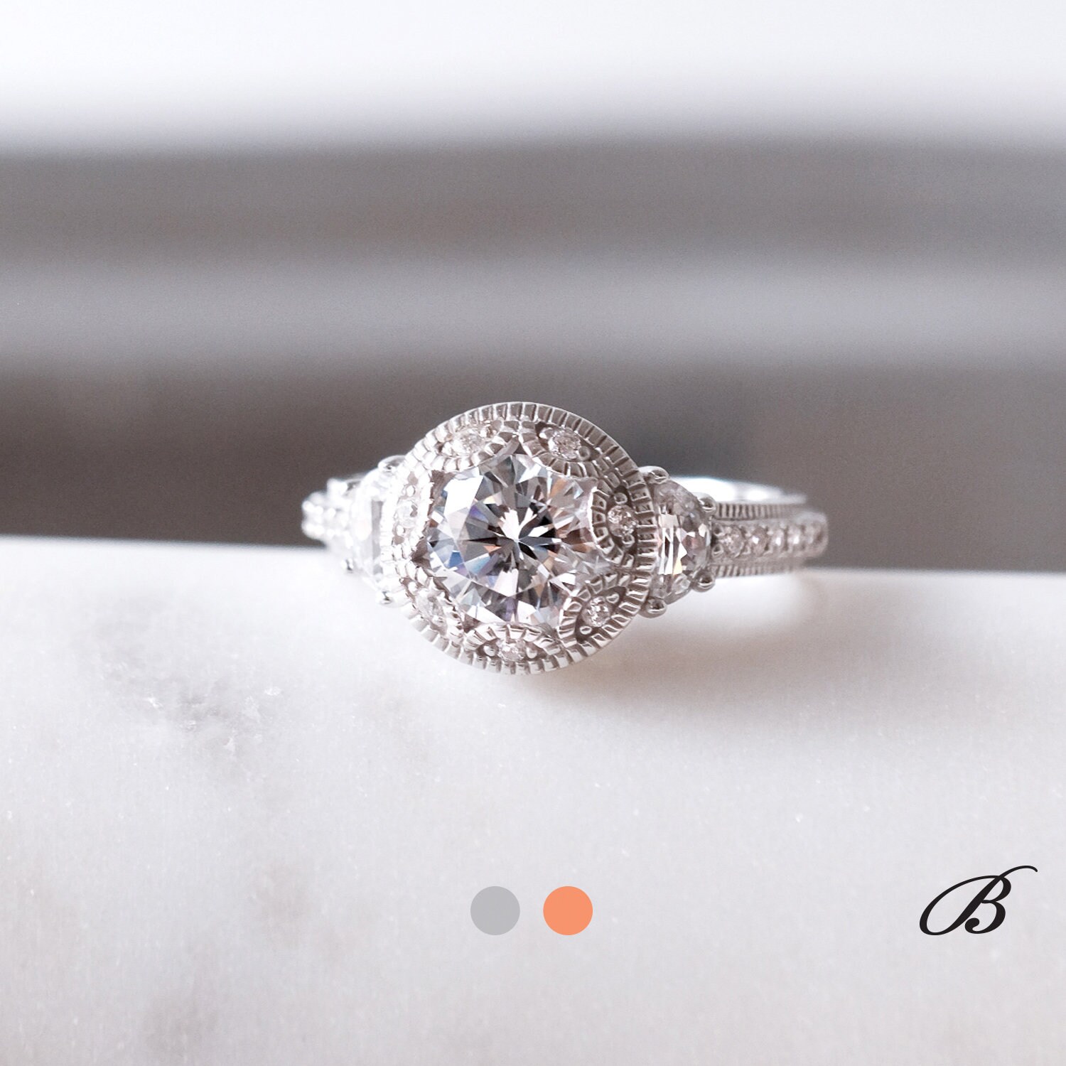 2.0 cttw Art Deco Engagement Ring Brilliant Cut Diamond Simulants Half Moon Side Stones Bridal Ring Vintage Style [BR7119]
