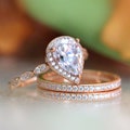 Pear Cut Bridal Set - Three Piece Engagement Ring Set - Stackable Ring Set - Travel Wedding Ring Set - Silver Wedding Ring (6253-3MR)