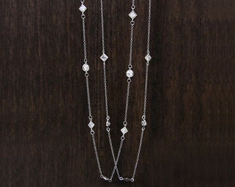 Mix of Diamond By The Yard Station Necklace - Princess Cut Mix Diamond Necklace - Length Options 16"+ 2"/18"/24"/36"/54" [BN3901]