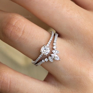 Minimalist Bridal Set -Brilliant Round Cut Engagement Ring Set - Curved Tiara Wedding Ring Set - Marquise Cut Bridal Set [BR3854-2T]