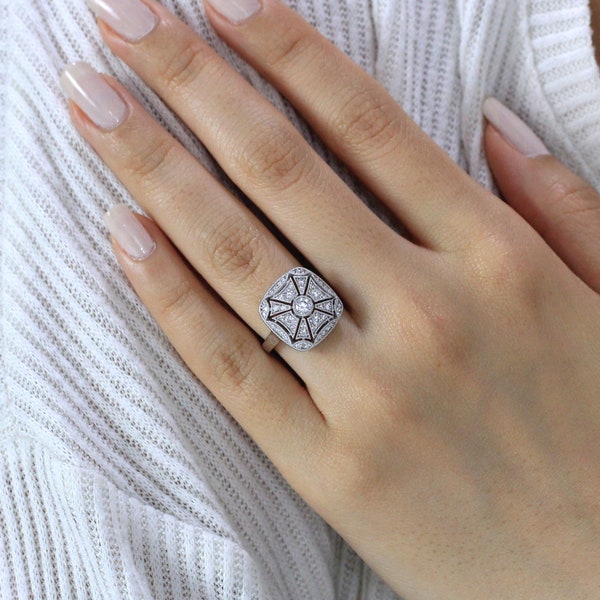 Milgrain Vintage Statement Art Deco Engagement Ring - Brilliant Cut Diamond Wedding Ring - Antique Style - CZ Diamond Ring [BR2153]