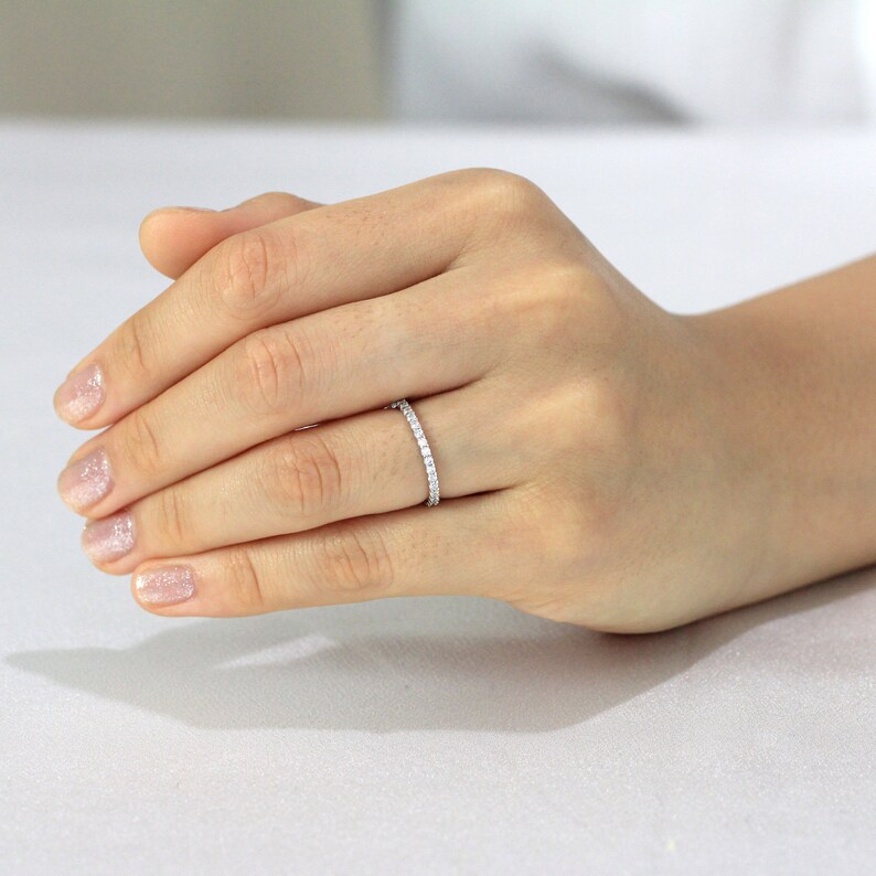 0.57 cttw 1.5mm Wide Full Pave Eternity Ring 4x4 Prong Brilliant Pave Set Diamond Simulant Stacking Band Delicate Band Ring BR7754E