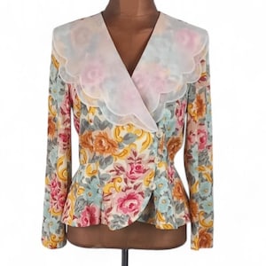 Vintage 80s Blazer Light Jacket Elegant Chic Classic Floral Collar - Size M/L - UK 10/12