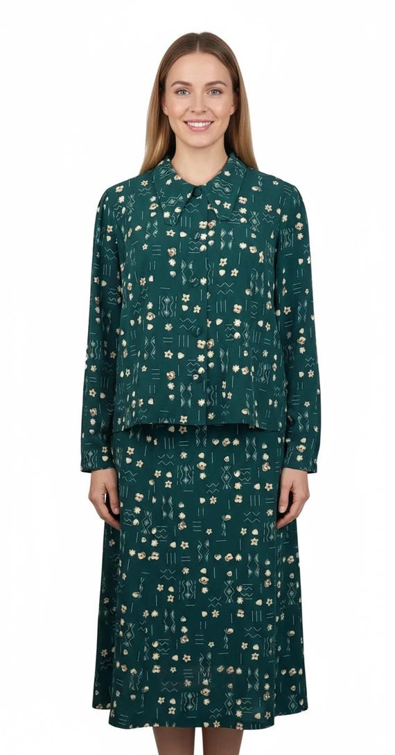 Vintage 80s Skirt Jacket Piece Suit Green Floral Midi Elegant
