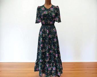 Vintage 70-talsklänning blommig chiffong maxilång boho hippie sommar - Storlek M | UK 10 | US 6