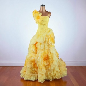 Princess Cinderella Ball Gown Stage Dress 3D Flowers Ruffles Train Yellow - Size XS
