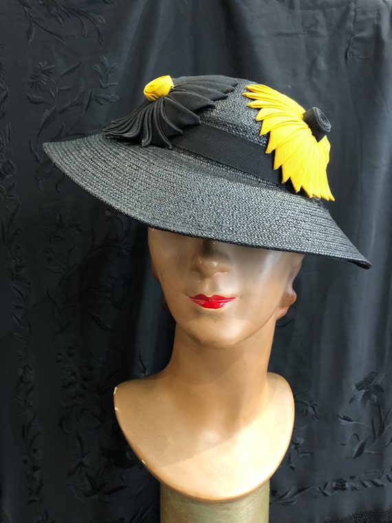 30's straw hat with black and yellow flowers