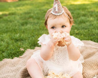 First Birthday Girl Party Hat | Mosaic Glitter Hat + Choose Color + White Glitter Number