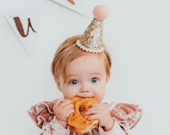First Birthday Girl Party Hat | Gold Glitter Hat + Baby Pink Top/Trim + Baby Pink Glitter 1