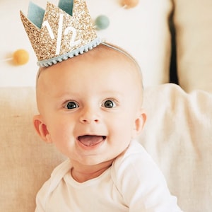 Half Birthday Crown | 1/2 Birthday Crown | Half Birthday Boy Outfit | Baby Birthday Crown | Gold Glitter Crown + Baby Blue Accents